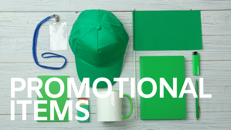 Promotional items including a green cap, flag, notebook, mug, lanyard, and pen, customizable for corporate branding.