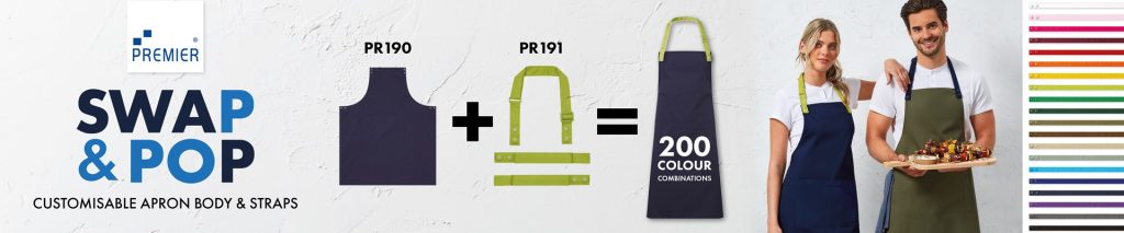 Customizable aprons with interchangeable body and straps in 200 color combinations from Premier.